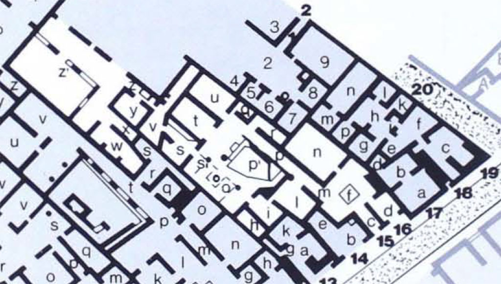V.2 Pompeii. Casa di Orione. Plan as shown in PPM.
See Carratelli, G. P., 1990-2003. Pompei: Pitture e Mosaici, Vol. III. Roma: Istituto della enciclopedia italiana, p. 855.
V = our room 10
W = our room 11e
X = our room 11d
X1 = not shown
Y = our room 11b
Z = our room 11a
Z1= our room 11c = Casa di Orione room A19
(Note: the latest excavation (2018-20) now recognises the rooms 11a to 11e (PPM W to Z1) of this house and peristyle as belonging to the separate Casa di Orione/House of Orion entered from the Vicolo dei Balconi.)