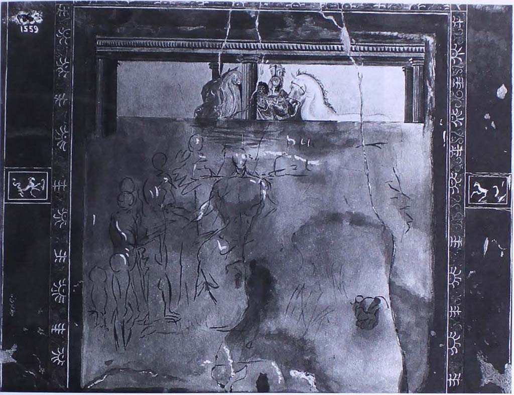 V.3.12 Pompeii. Old watercolour copy of painting from east wall of east portico between doorways to room 3 and entrance corridor 1. 
According to PPM the painting may represent the arrival of Pelope (Pelops) at Pisa to the court of Enomao (Oenomaus) to ask for the hand of Hippodamia.
The upper painted part depicts a charioteer with three horses within a portico. but the lower sketched part is unfinished and shows a figure on a throne with two people to the left.
See Carratelli, G. P., 1990-2003. Pompei: Pitture e Mosaici: Vol. III. Roma: Istituto della enciclopedia italiana, p. 963.
