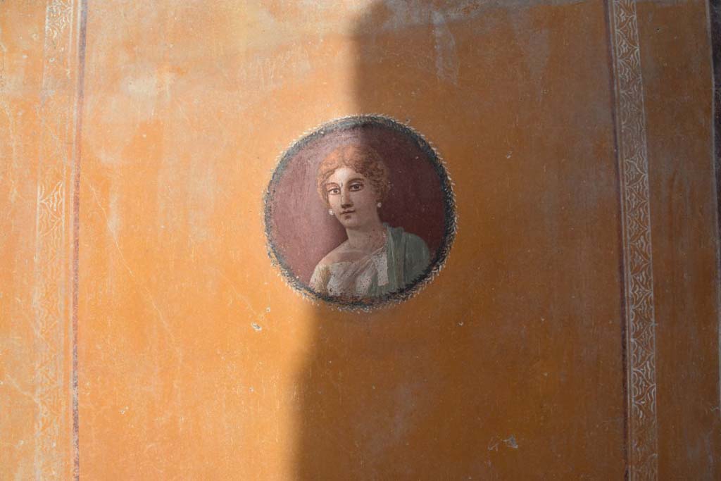 V.3 Pompeii. Casa del Giardino. October 2018. Ambiente 3, north wall, east end. A very refined female portrait, perhaps, according to PAP, depicting the mistress of the house.

Ambiente 3, parete nord, estremità est. Un ritratto femminile molto raffinato, forse, secondo PAP, raffigurante la domina della casa.

Photograph © Parco Archeologico di Pompei.
