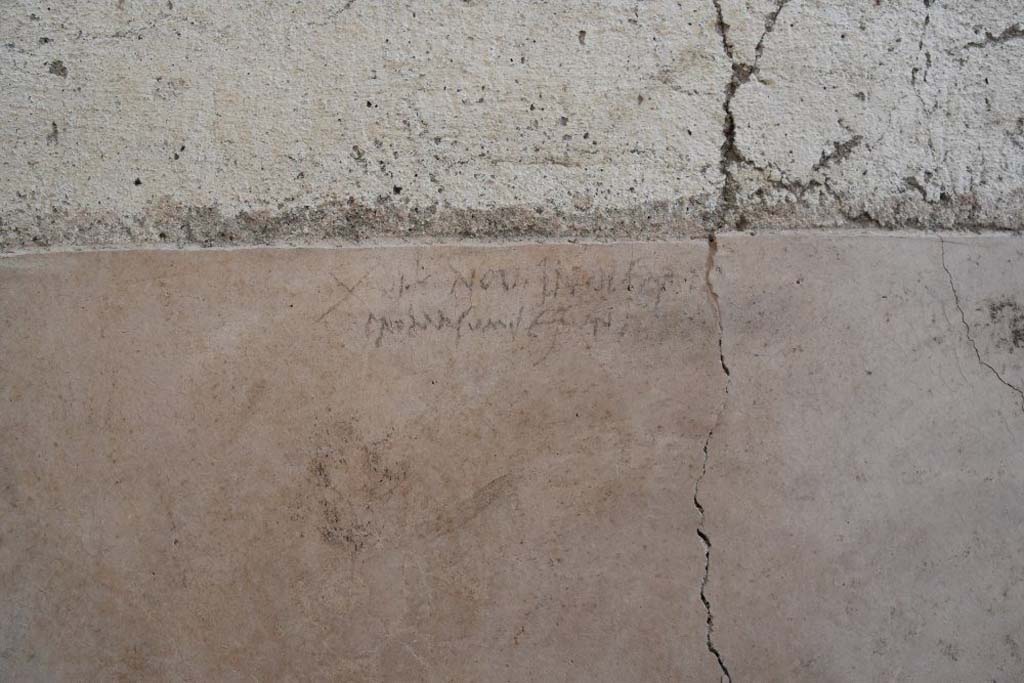 V.3 Pompeii. Casa del Giardino. October 2018. Atrium 5. Charcoal Inscription. 
The walls of the atrium and the entrance corridor have preserved a considerable amount of graffiti, in the course of study, with phrases, in some cases of obscene character, and with drawings (including some stylized faces). In an unusual way, drawings traced with lime or plaster have been preserved in good condition, including one depicting a caricatured human face in profile, and with charcoal, also in this case human faces. Between these latter is also this charcoal inscription, which would support the hypothesis that the eruption of 79 AD may have occurred October 24, rather than August 24th.

Atrio 5. Iscrizione al carbone.
Le pareti dell’atrio e del corridoio di ingresso hanno conservato una notevole quantità di graffiti, in corso di studio, con frasi, in alcuni casi di carattere osceno, e con disegni (tra cui alcuni volti stilizzati). In maniera insolita, si sono conservati in buone condizioni, disegni tracciati con calce o gesso, tra cui uno raffigurante un volto umano caricaturale di profilo, e con carbone, anche in questo caso volti umani. Tra quest’ultimi anche l’iscrizione a carboncino, che supporterebbe l’ipotesi che l’eruzione del 79 d.C. possa essere avvenuta il 24 ottobre, piuttosto che il 24 agosto.

Photograph © Parco Archeologico di Pompei.
