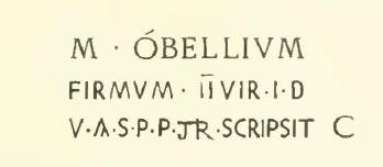 The garden A was preceded by portico B supported by a column, which was near to a low pilaster. 
On the west wall of this portico, above a layer of lime-plaster placed on the raw plaster, one read painted in red letters the following inscription �
Sogliano read the link of the third line: iter(um).

According to Epigraphik-Datenbank Clauss/Slaby (See www.manfredclauss.de) this read
M(arcum) Obellium / Firmum IIvir(um) i(ure) d(icundo) v(iis) a(edibus) s(acris) p(ublicis) p(rocurandis) scripsit C[3]      [CIL IV 6621]
