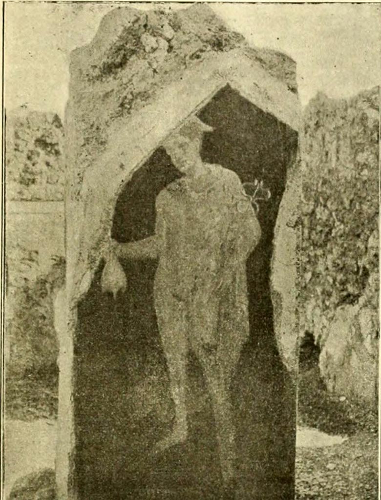 V.4.6/7 Pompeii. Painting of Mercury. The background was red.
Mercury was nude, except for his green cloak, wearing a winged helmet and winged shoes.
In his right hand he held his purse, and his staff was in his left hand.
See Notizie degli Scavi di Antichità, 1899, p. 343, fig. 4.
