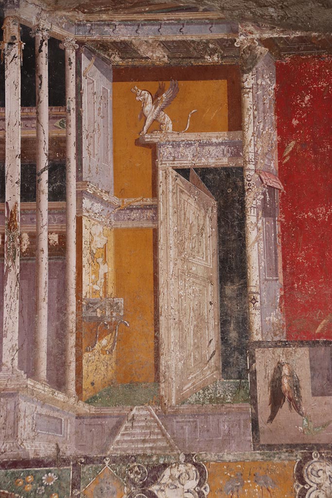 V.4.a Pompeii. October 2024. 
Room ‘h’, upper south wall towards east side, above central panel. Photo courtesy of Klaus Heese.
