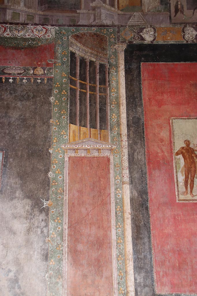 V.4.a Pompeii. October 2024.
Room ‘h’, separating panel between black side panel and central panel on east end of south wall.
Photo courtesy of Klaus Heese.
