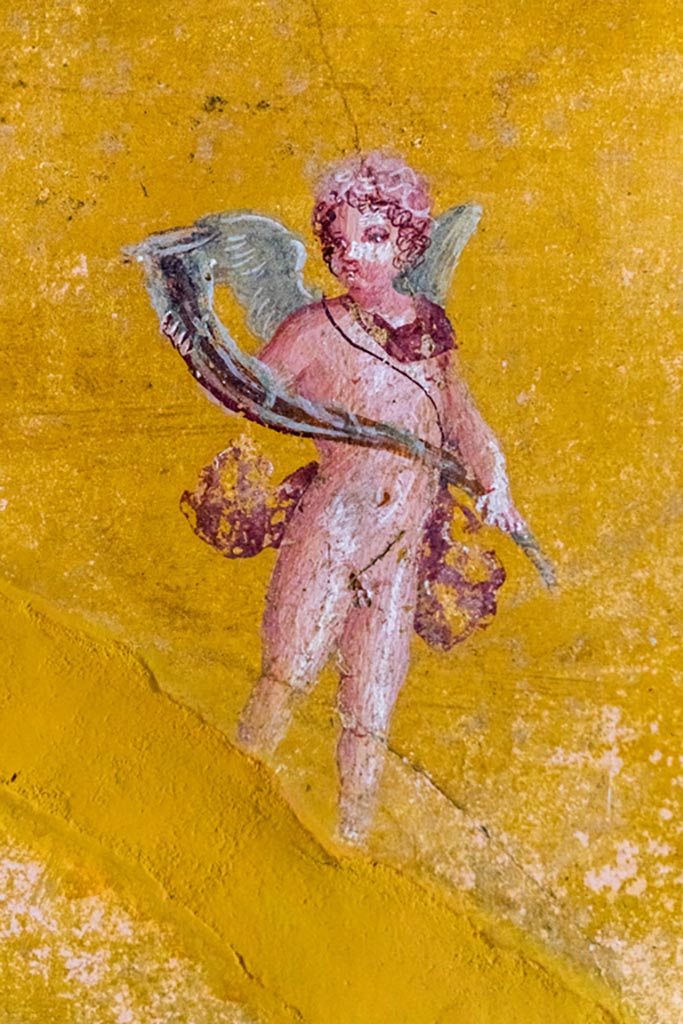 V.4.a Pompeii. January 2023.
Room ‘i’, west end of north wall of cubiculum to right of tablinum.
Figure in panel to left (west) of painting of Narcissus at the fountain. Photo courtesy of Johannes Eber.