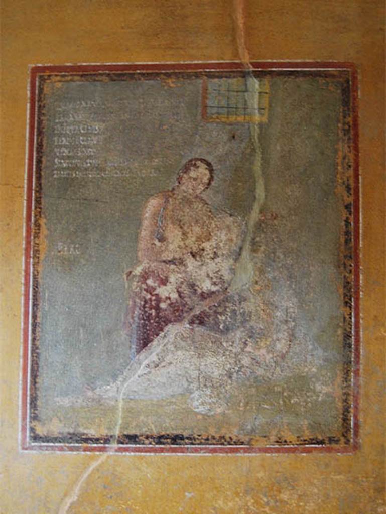 V.4.a Pompeii. May 2014.
Room ‘i’, wall painting of Pero suckling her father Micone from centre of south wall of cubiculum.
A Latin inscription in white letters can be seen in the top left corner.
Photo courtesy of Paula Lock.