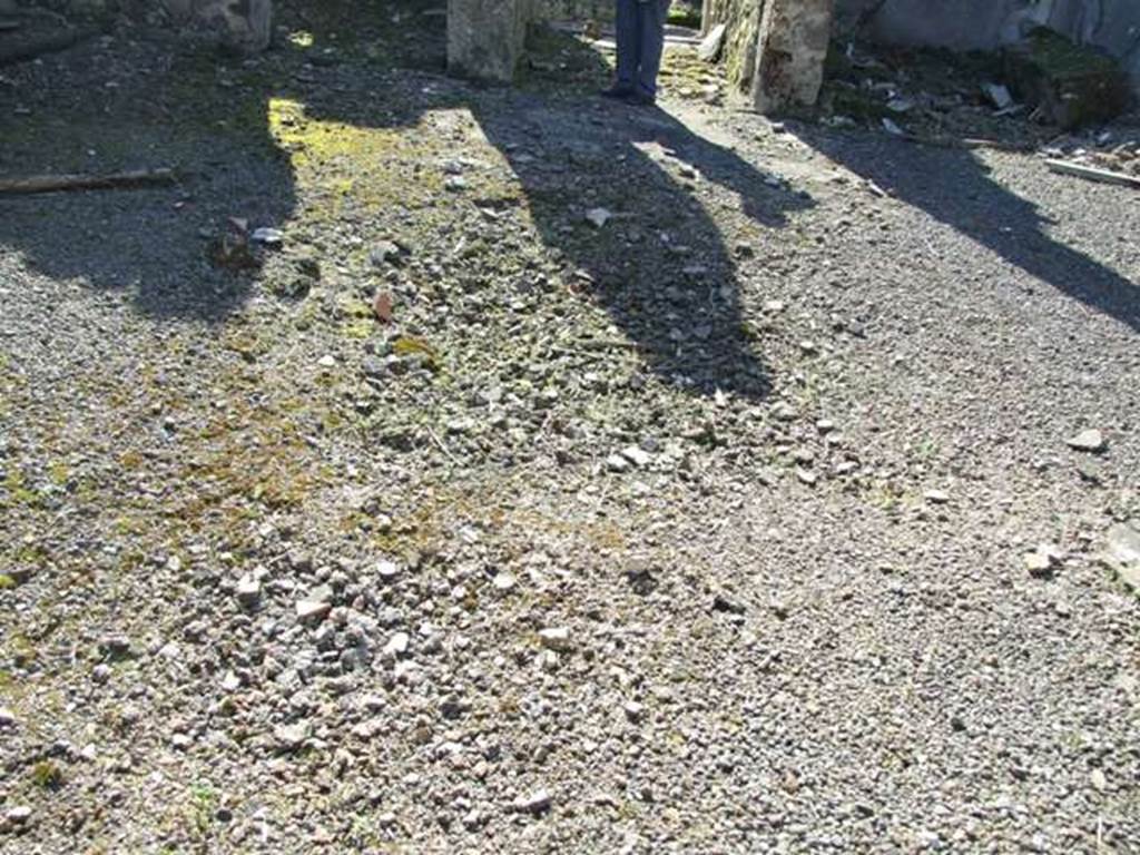 V.4.c Pompeii. March 2009. Room B, the atrium, looking west across site of impluvium. Upon excavation, at the head of the impluvium on the east side, a marble table (a) was discovered. It was supported by a marble statuette of an animal, perhaps a leopard with eyes of glass paste. It was crouching on its hind legs, in profile to the right and with the head in front. On the south side, slightly to the rear of the table, was a terracotta puteal (b). Found in the area of the puteal, a lead funnel to pour water collected through a water-pipe into the adjacent tank. Also found at the impluvium  on April 29th 1902 were � one of the usual cylindrical lead water-tanks. Two bronze basins, one with traces of silver-plating, a casserole with similar traces, and a swollen belly-jug, were also found. In the soil of the atrium, between 2nd and 6th June 1902, money and other objects were listed in NdS, 1902, (p.379). See Notizie degli Scavi, 1905, (p.130)
