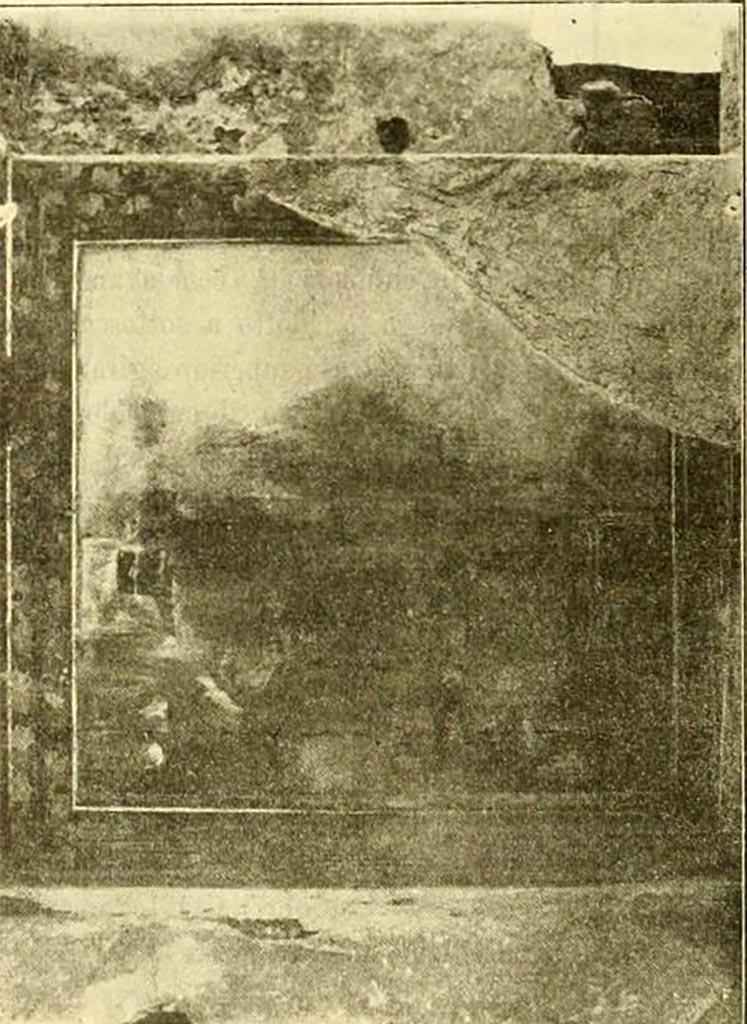 V.5.3 Pompeii. Painting of Daedalus and Icarus.
The painting showed Daedalus flying, Icarus falling, Helios was shown in his cart at the top.
In the lower part could be seen two ships in the sea and a fisherman at the seashore.
There was also a sacellum, and on the left a little house above a cliff.
See Notizie degli Scavi di Antichità, 1899, p.348-9, number 6, fig. 8.