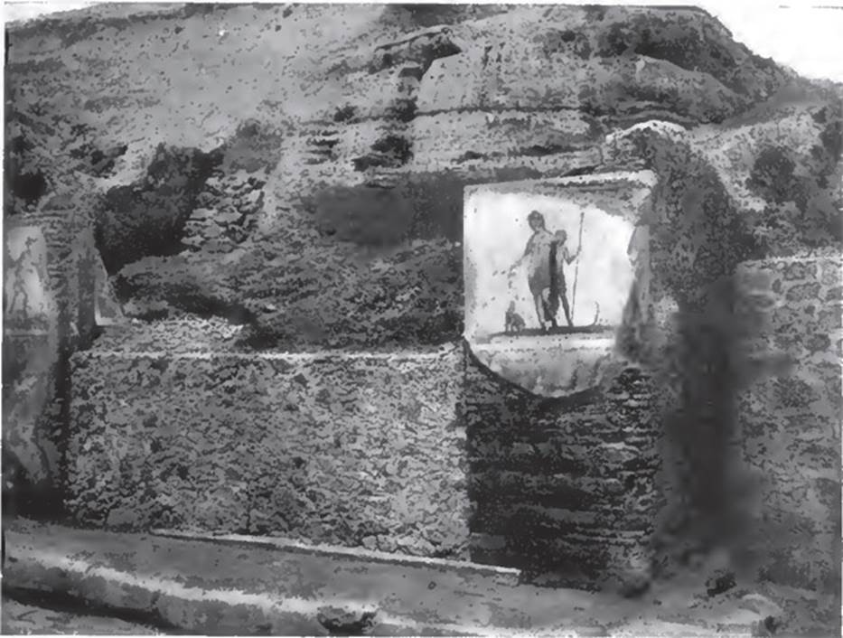 V.6.1 Pompeii. 1906. Paintings of Mercury left and Bacchus right. 
See Notizie degli Scavi di Antichit�, 1906, p. 55 fig. 5.
Kuivalainen describes �
�A composition of two standing figures on a white background. The higher, in the middle, is a youth leaning on a shoulder of a satyr; he wears a cloak which hangs down from his left arm and covers his thighs; his right arm is stretched down, and he holds a cantharus from which he pours wine into the mouth of a seated panther on his right side, with an artistically folded tail. The smaller satyr has a pine wreath on his head, and holds a thyrsus in his left hand. On the right is a small tree trunk.�
Kuivalainen comments �
�This simple and domestic scene takes place in a natural setting.�
See Kuivalainen, I., 2021. The Portrayal of Pompeian Bacchus. Commentationes Humanarum Litterarum 140. Helsinki: Finnish Society of Sciences and Letters, (p.159, F1).

