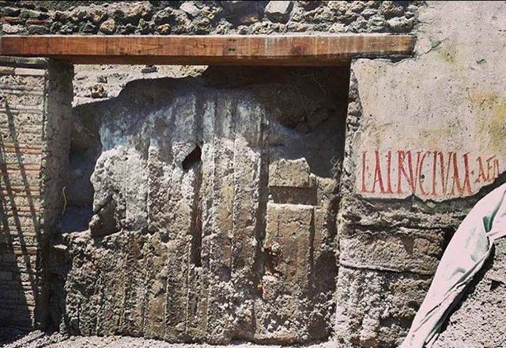 V.7.8 Pompeii. June 2018. Impression of doors in the ash and more fully excavated electoral inscription. 
Photograph � Parco Archeologico di Pompei.