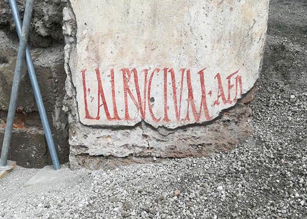 V.7.8 Pompeii. June 2018. South wall on the east side of doorway during excavation with electoral inscription Lucium Albucium aedilem. 
Photograph � Parco Archeologico di Pompei.