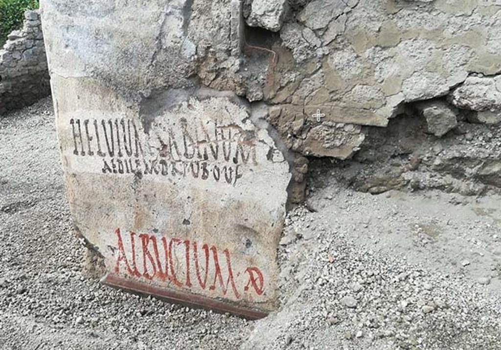 V.7.8 Pompeii. June 2018. Electoral inscriptions on outside wall of house. Vicolo delle Nozze d�Argento at north-west corner of junction with Vicolo c.d. dei Balconi.
These electoral inscriptions were HELVIVM SABINVM AEDILEM D R P U B O V F and ALBVCIVM AED. 

The upper inscription reads 
Helvium Sabinum
aedilem d{ignum) r{ei) p{ublicae) v{irum) b{onum) o{ro) v{os) f(aciatis)

Please elect Helvius Sabinus aedile, worthy of office and a good man.

Photograph � Parco Archeologico di Pompei.
