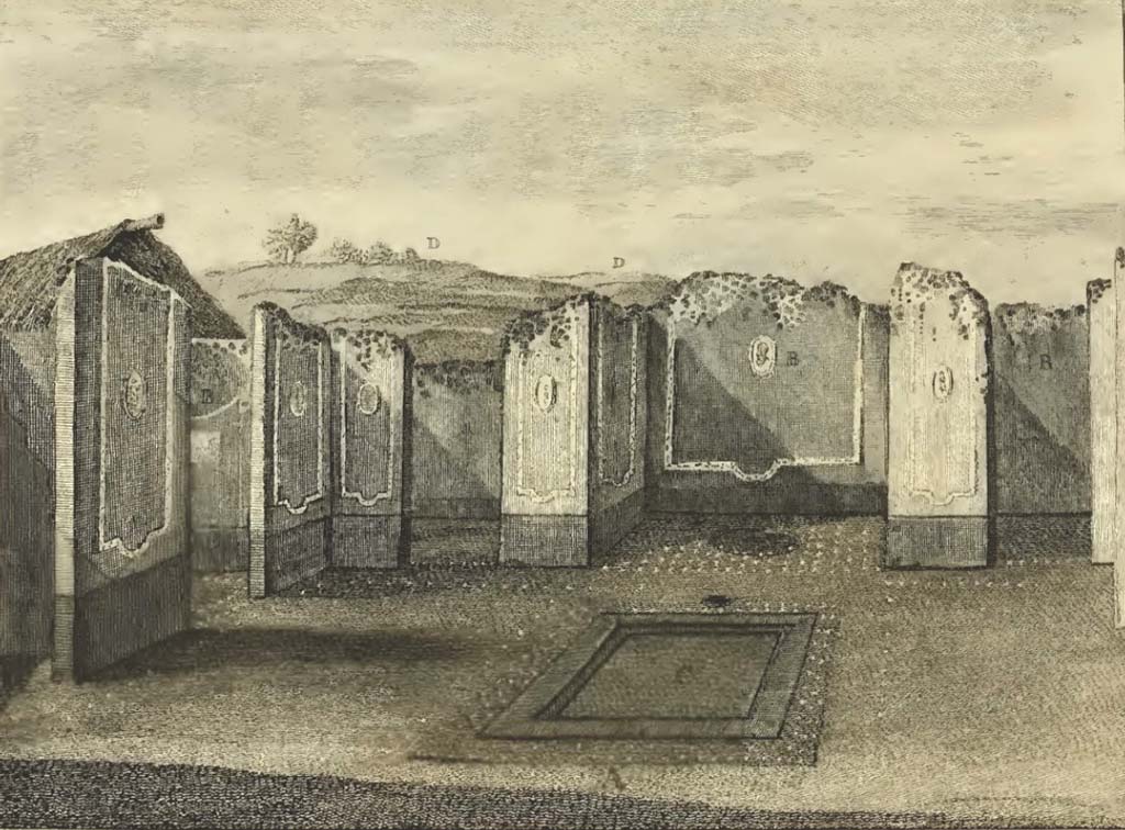 VI.1.7 Pompeii. Looking north across impluvium in atrium.
On the left (west side) would be the entrance corridor (VI.1.7).
Next to it the doorway connecting with VI.1.6.
Next to that (on the north side) would be the doorway to our room 1.
The large (open) room would be our room 2.
Hamilton described this as a
“A - Court with several rooms opening onto it, one of which is thirty feet long by fifteen, the largest room as yet discovered at Pompeii.
B.B.B. – the rooms; the paintings of which were very elegant; but the best parts have been cut out and transported to the Museum at Portici.
C. – where the rainwater was collected and ran into a reservoir underneath.
D.D. – Vineyards over the uncleared parts of the city.
See Hamilton, Sir William, 1777. Account of the discoveries at Pompeii, (plate X).