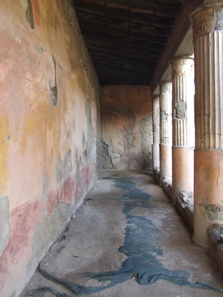 VI.1.7 Pompeii. December 2007. West side of room 13, the peristyle. Looking north.
According to Garcia y Garcia, due to the bombing on the night of 14th/15th September 1943, the peristyle suffered the falling off and partial loss of the splendid IV stile motifs, which decorated the west wall of the west portico.
See Garcia y Garcia, L., 2006. Danni di guerra a Pompei. Rome: L’Erma di Bretschneider. (p.66)
