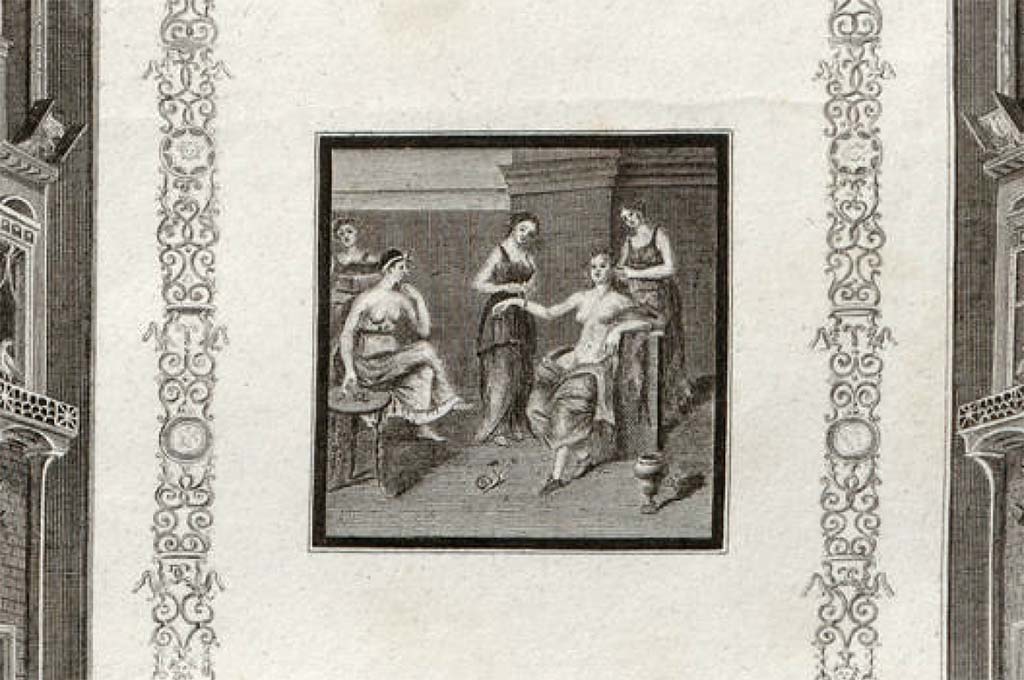 VI.1.7 Pompeii. Early 19th century (before 1808) drawing of Una Dama Romana alla toilette, from the east wall.
See Gli ornati delle pareti ed i pavimenti delle stanze dell'antica Pompei incisi in rame: 1838, p. 3, pl. 2.
