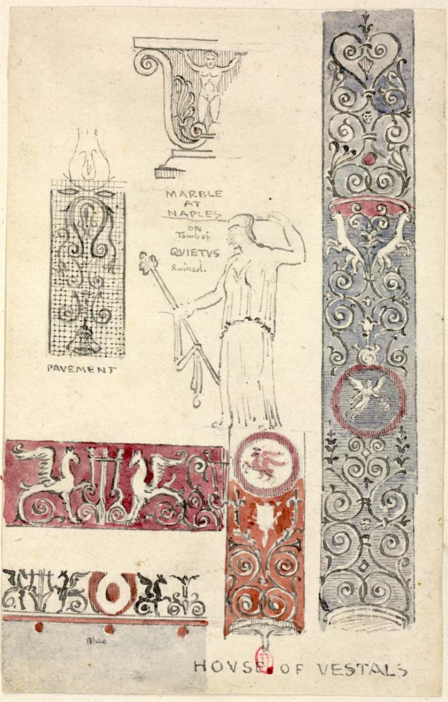 VI.1.7/25 Pompeii. c.1819. Sketches by W. Gell.
See Gell W & Gandy, J.P: Pompeii published 1819 [Dessins publiés dans l'ouvrage de Sir William Gell et John P. Gandy, Pompeiana: the topography, edifices and ornaments of Pompei, 1817-1819], pl. 47.
See book in Bibliothèque de l'Institut National d'Histoire de l'Art [France], collections Jacques Doucet Gell Dessins 1817-1819
Use Etalab Open Licence ou Etalab Licence Ouverte
