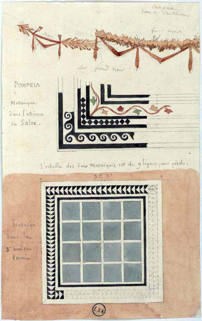 VI.1.7/25 Pompeii. 
The central sketch is a watercolour drawing of a part of a mosaic in the atrium of the House of Salve.
The upper sketch appears to be a garland from the Pantheon (VII.9.7) which it said had a black background. 
The lower sketch says it is a mosaic in the 2nd house Pompei, which may mean is from VI.1.25, but is also from VI.2.22, either the tablinum or a triclinium. 
See Lesueur, Jean-Baptiste Ciceron. Voyage en Italie de Jean-Baptiste Ciceron Lesueur (1794-1883), pl. 46.
See Book on INHA reference INHA NUM PC 15469 (04)  � Licence Ouverte / Open Licence � Etalab


