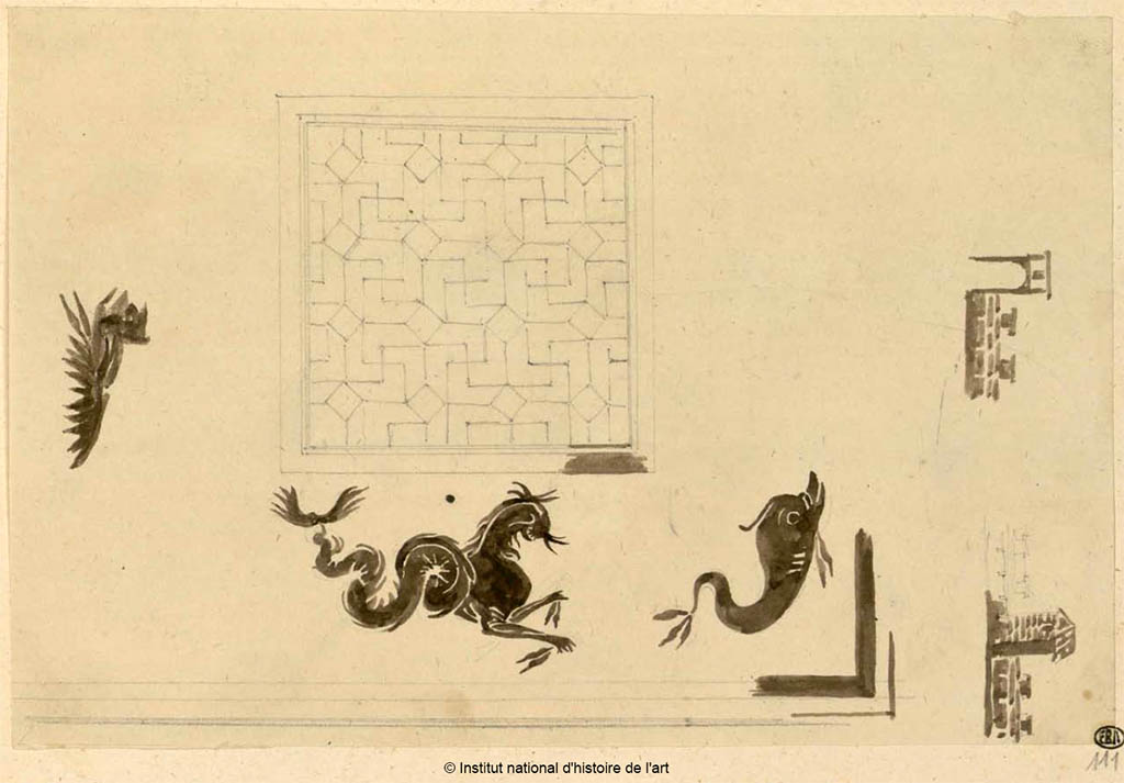 VI.1.7/25 Pompeii. Sketch of mosaic floor decoration. A mosaic showing a dolphin was seen in the threshold of room 10.
See Debret F. (1777-1850), Piranesi F. (1758-1810), LaBrouste H. (1801-1875). Voyage en Italie-De Naples � Paestum, pl. 111.
INHA Identifiant num�rique : NUM PC 77832 (07). See book on INHA Les documents sont plac�s sous � Licence Ouverte / Open Licence � Etalab 
