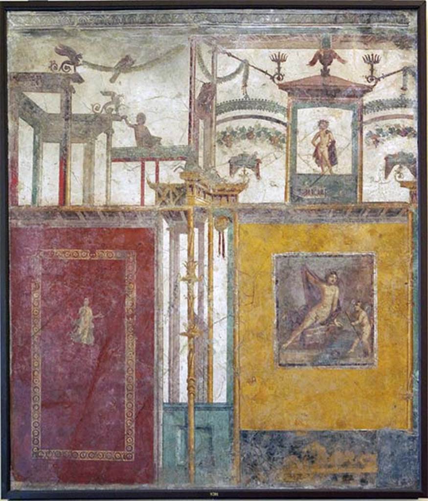 VI.1.7 Pompeii. Found on 15th December 1770, wall painting of either Narcissus or Bacchus with architectural scenes.
Found in Prothyron (g) �In una stanza immediata alla descritta��.�.
Now in Naples Archaeological Museum. Inventory number 9701.
See Pagano, M. and Prisciandaro, R., 2006. Studio sulle provenienze degli oggetti rinvenuti negli scavi borbonici del regno di Napoli. Naples : Nicola Longobardi. (p.68).
