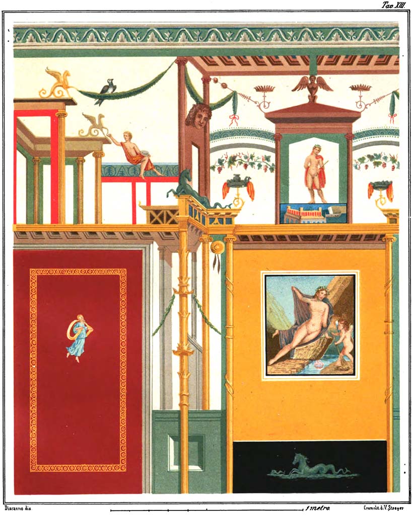 VI.1.7 Pompeii. 1877. Painting by Discanno of Parete di Narciso (Wall of Narcissus), engraved by Vittorio Steeger.
According to Presuhn �This was seen and painted in the National Museum at Naples.
Its provenance is uncertain. Helbig believed that it was found in 1770 in the house at VI.1.7.�
See Steeger V., 1877. Le pi� belle pareti di Pompei. Torino: Loescher. Fasc. II, p.6, Tav. III.

