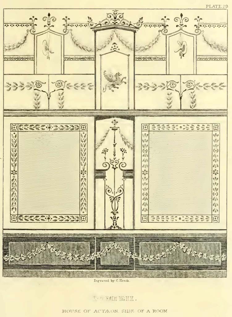 V.2.4 Pompeii. Drawing by William Gell, described as “Side of an apartment in the foregoing house”.
See Gell, W., and Gandy J. P., 1819. Pompeiana. London: Rodwell and Martin, (p.176, plate XXIX).
See Laidlaw, A., and Stella M. S., 2014. The House of Sallust in Pompeii (VI.2.4): JRA 98. Portsmouth Rhode Island. (p.77, fig.2.33). (Cubiculum 14a, east wall of the Fourth Style decoration).
See Gell W. and Gandy J., 1872. Pompeiana. London: Chatto and Windus, (p.95, plate 30).
