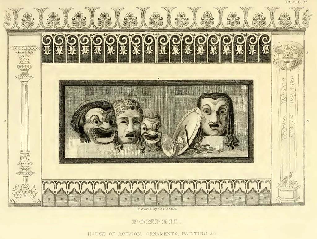 VI.2.4 Pompeii. Painting of ornamental masks from the south-west corner of room on north side of tablinum.
He said �the surrounding ornaments are copied from various parts of the house; the lower (6) is red and blue, upon grounds of pink and white.
See Gell, W, and Gandy J. P., 1819. Pompeiana. London: Rodwell and Martin, plate XXXII.
