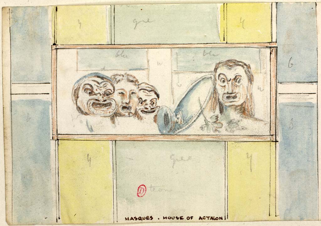 VI.2.4 Pompeii. c.1819 preliminary sketch by W. Gell of painting of masks from the south-west corner of room on north side of tablinum.
See Gell W & Gandy, J.P: Pompeii published 1819 [Dessins publi�s dans l'ouvrage de Sir William Gell et John P. Gandy, Pompeiana: the topography, edifices and ornaments of Pompei, 1817-1819], pl. 50.
See book in Biblioth�que de l'Institut National d'Histoire de l'Art [France], collections Jacques Doucet Gell Dessins 1817-1819
Use Etalab Open Licence ou Etalab Licence Ouverte

