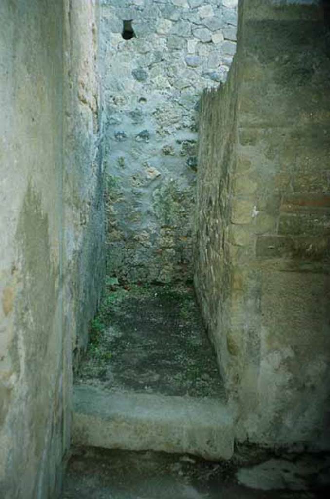 VI.2.4 Pompeii. June 2010. Rebuilt walled stairwell for the wooden stair. According to Anne Laidlaw, this used to have sockets that were the only evidence left for the wooden stair leading up from the exterior of the last cubiculum on the left of the atrium into the upper floor of that room. These have now been lost in the rebuilding.  Photo courtesy of Rick Bauer.
