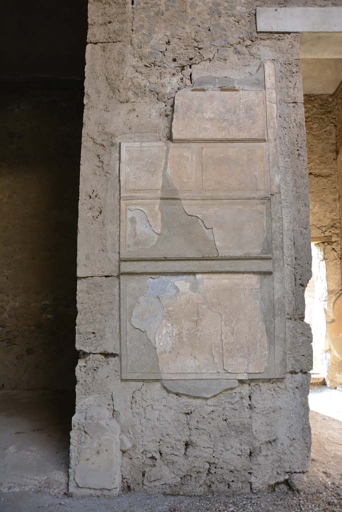 VI.2.4 Pompeii. March 2019.
Detail of painted wall decoration on pilaster between doorways to the south ala and room leading to garden apartments. 
Foto Annette Haug, ERC Grant 681269 D�COR.
