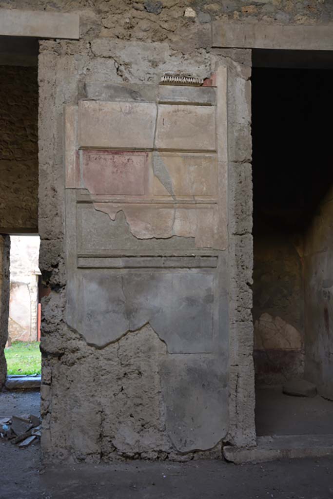 VI.2.4 Pompeii, December 2017. 
Painted wall decoration on pilaster on south side of atrium, between doorway leading to garden apartments, on left, and a cubiculum, on right.
Foto Annette Haug, ERC Grant 681269 D�COR.
