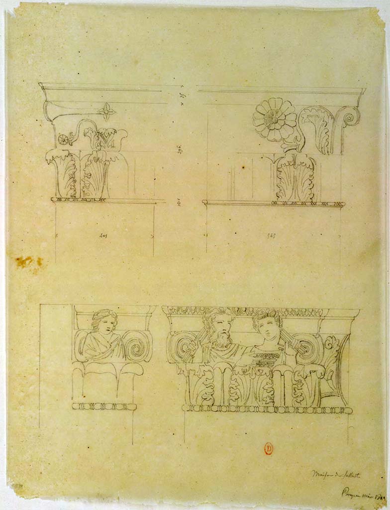 VI.2.4 Pompeii. May 1823. Sketches of capitals, at the top, they are from the atrium near the entrance to the north ala.
The lower sketches show details of the capital on the south side of the entrance doorway.
See Chenavard, Antoine-Marie (1787-1883) et al. Voyage d'Italie, croquis Tome 3, pl. 143.
INHA Identifiant numérique : NUM MS 703 (3). See Book on INHA 
Document placé sous « Licence Ouverte / Open Licence » Etalab   

According to Laidlaw et al –
“The sculptured capital to the right of this entrance must have been discovered during this time (c.1776) and will have become a standard reference point for the excavators; the report for 18th May 1780 mentions the location of a group of finds “near the pier that corresponds to the one where the capital remains” when they were cleaning the street in front of it. From this report it is obvious that at the time of the Bourbon excavation the sculptured capital to the left of the main doorway at VI.2.4 no longer existed, although we know from other preserved examples that entrances of houses with tufa facades decorated with sculptured capitals were done in pairs, often with a Bacchic theme.” 
See Laidlaw, A., and Stella M. S., 2014. The House of Sallust in Pompeii (VI.2.4): JRA 98. Portsmouth Rhode Island. (p.23).
