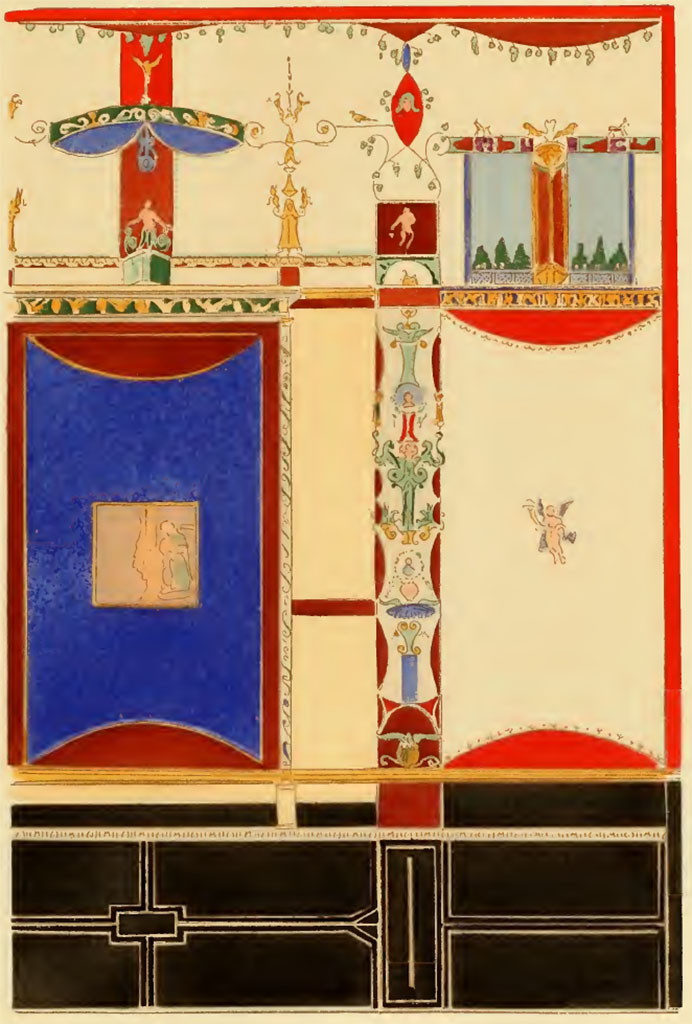 VI.2.16, Pompeii.  Pre 1924. Painting by Pierre Gusman, showing detail of the north wall of the tablinum.
This was a reproduction of an engraving by Mazois.
(described as -
XVII. Panneau extrait de la s�rie ex�cut�e par l'architecte fran�ais Mazois, au d�but du xix- si�cle. Sp�cimen unique d'un panneau bleu fonc�. D�but du quatri�me style.)
See Gusman P., 1924. La D�coration Murale de Pompei. Paris : Moranc�, pl. XVII.
