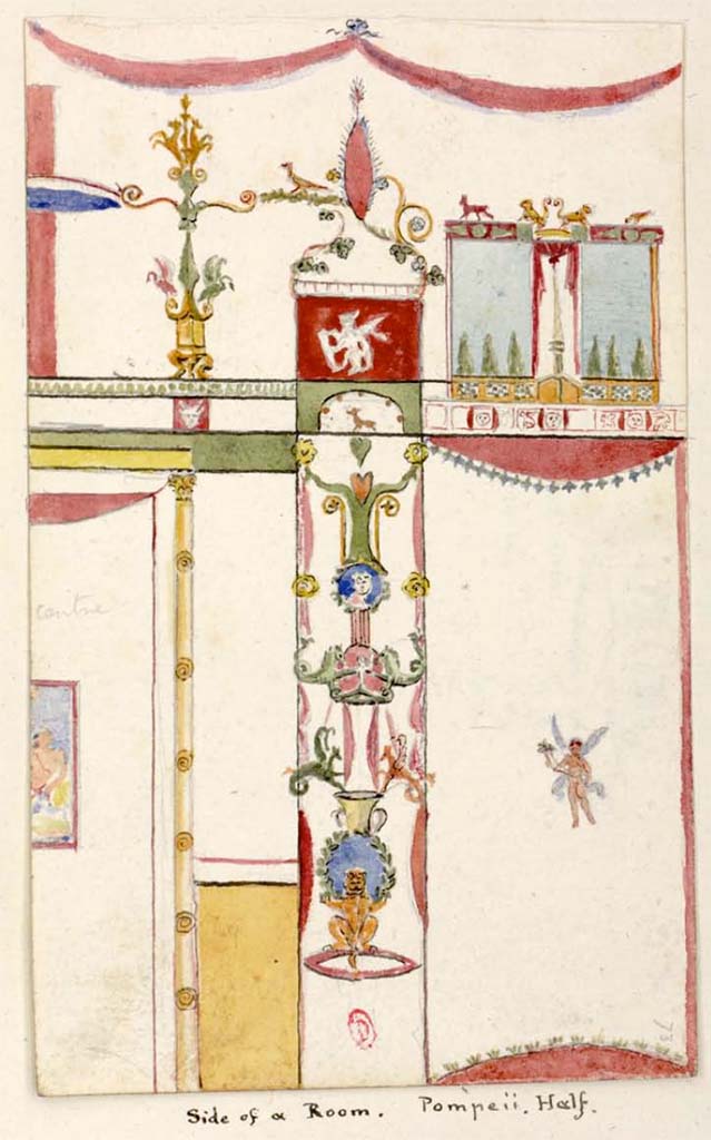 VI.2.16, Pompeii. Between 1819 and 1832 described as a �Side of a room�, with detail of north wall of tablinum.
See Gell, W. Pompeii unpublished [Dessins de l'�dition de 1832 donnant le r�sultat des fouilles post 1819 (?)] vol II, pl. 84.
Biblioth�que de l'Institut National d'Histoire de l'Art, collections Jacques Doucet, Identifiant num�rique Num MS180 (2).
See book in INHA Use Etalab Licence Ouverte
