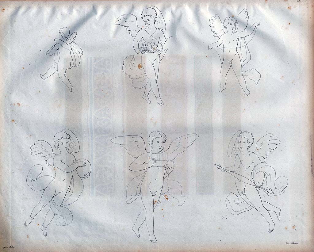 VI.2.16 Pompeii. 1828. Exedra/oecus on north side of peristyle. Vignettes of Cupids, as drawn by Zahn.
See Zahn, W., 1828. Die sch�nsten Ornamente und merkw�rdigsten Gem�lde aus Pompeji, Herkulanum und Stabiae: I. Berlin: Reimer, taf. 74 Amb. 5.
