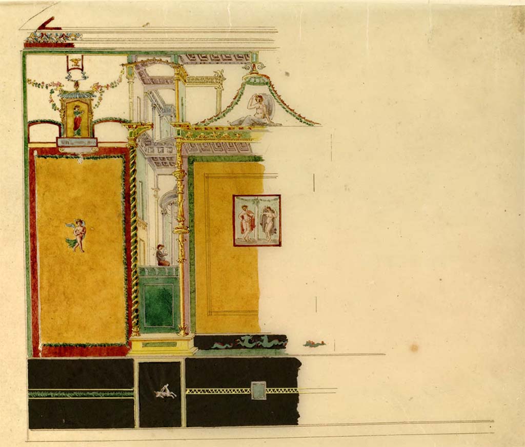 VI.2.16 Pompeii. Undated painting of a wall, by Chenavard. This may be the north wall of the exedra/oecus on north side of peristyle.
See Chenavard, Antoine-Marie (1787-1883) et al. Voyage d'Italie, croquis Tome 3, pl. 117.
INHA Identifiant num�rique : NUM MS 703 (3). See Book on INHA 
Document plac� sous � Licence Ouverte / Open Licence � Etalab   
