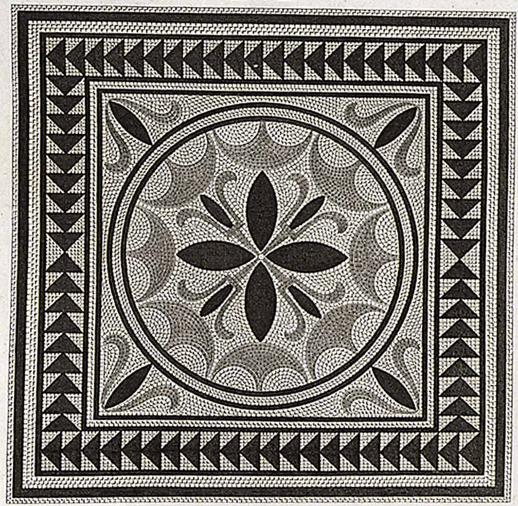 VI.2.16 or VI.2.17 Pompeii. 1824 engraving of mosaic emblema by Mazois.
According to Mazois �
this engraving represents a mosaic found in the triclinium of a house shown in Pl. XXI and XXII. (p.61).
Plates XXI and XXII are showing the Houses at VIII.2.1/3, known as the Houses of Championnet.
See Mazois, F., 1824. Les Ruines de Pompei : Second Partie. Paris: Firmin Didot, p.61, pl. XX fig II.
According to Mazois on page 69, Pl.XXIV, which is the plan of houses at VI.2.16 and VI.2.22, he states that the mosaic found in the triclinium (room 24) was the mosaic found in this area which has already been given (seen) in Pl. XX.
See Mazois, F., 1824. Les Ruines de Pompei : Second Partie. Paris: Firmin Didot, p.69, pl.XXIV.
According to PPM �
VI.2.16 Tablinum. A small amount remains of the flooring in cocciopesto punctuated by white tesserae. 
At the centre of this room, according to Mazois, there was an emblema with a four-petalled rosette associated with four lotus buds. 
See Carratelli, G. P., 1990-2003. Pompei: Pitture e Mosaici. IV. Roma: Istituto della enciclopedia italiana, p. 209.


