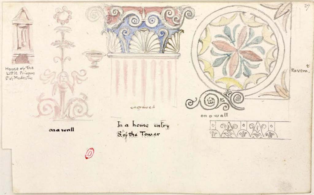 VI.2.19/18 Pompeii. Between 1819 and 1832. Drawings by W. Gell.
The Corinthian capital in the centre, was described as �In a house entry South of the Tower� and is from VI.2.18/19.
On the right, the floor decoration is from VI.2.17.
On the left, the phallic symbol, and drawing �on a wall� may be from VI.2.24.
See Gell, W. Pompeii unpublished [Dessins de l'�dition de 1832 donnant le r�sultat des fouilles post 1819 (?)] vol II, pl. 83.
Biblioth�que de l'Institut National d'Histoire de l'Art, collections Jacques Doucet, Identifiant num�rique Num MS180 (2).
See book in INHA Use Etalab Licence Ouverte


