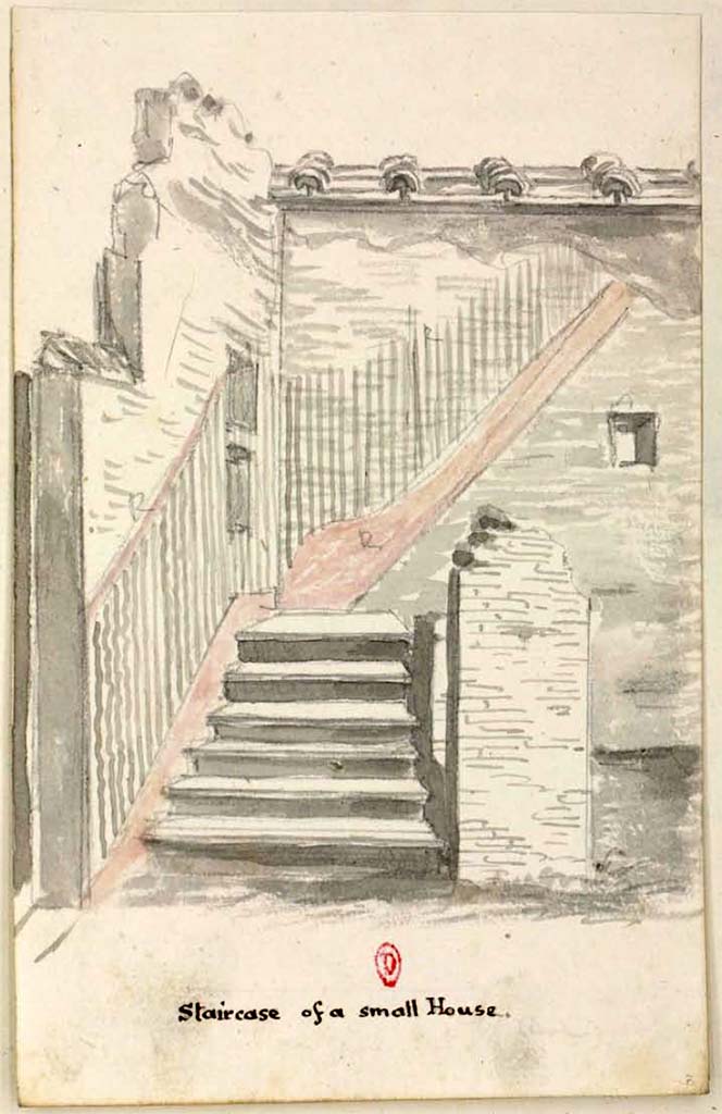 VI.2.29 Pompeii. Between 1819 and 1832. Steps in room 3.
Sketch by W. Gell showing a “Staircase of a small house”. 
According to Jessica Mingoia [email] “I've identified the location of Gell's drawing as VI.2.29. I've included multiple photos that show the same view, with the stairs on the left and the wall on the rear. Though the walls have significantly darkened, you can still see the diagonal in the fresco on the rear wall that would have followed above where the stairs continued. There is also a window on that wall. On the left wall that abuts the street, though it does not exist to the same height today as it did in Gell's painting, you can see part of the window that is visible in his drawing. Though they are far more ruinous today, approximately 6-7 stairs remain. The partial wall directly to the right of the stairs is much more ruinous today but appears just as wide as the drawing.”
See Gell, W. Pompeii unpublished [Dessins de l'édition de 1832 donnant le résultat des fouilles post 1819 (?)] vol II, pl. 77.
Bibliothèque de l'Institut National d'Histoire de l'Art, collections Jacques Doucet, Identifiant numérique Num MS180 (2).
See book in INHA Use Etalab Licence Ouverte
Our thanks to Jessica for helping identify the location of this.

