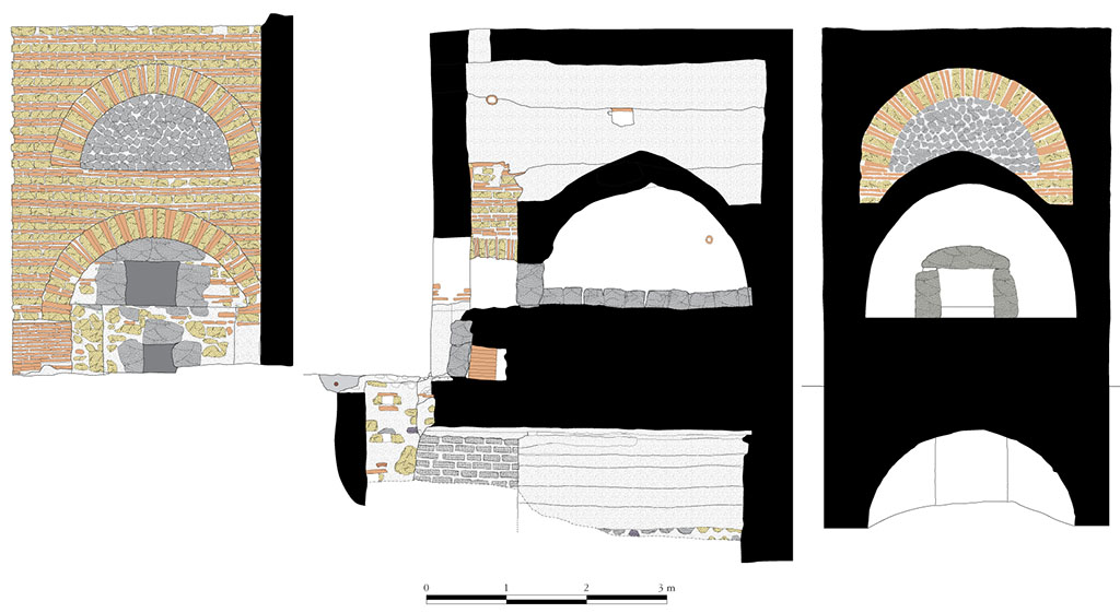 Fig. 5 - Pomp�i Pistrina. Le four de la boulangerie VI 3, 3.27-28. 
Fa�ade, coupes longitudinale et transversale.
Relev� : S. Zanella, R. Macario ; DAO : N. Monteix, R. Macario ; �chelle : 1/50.
