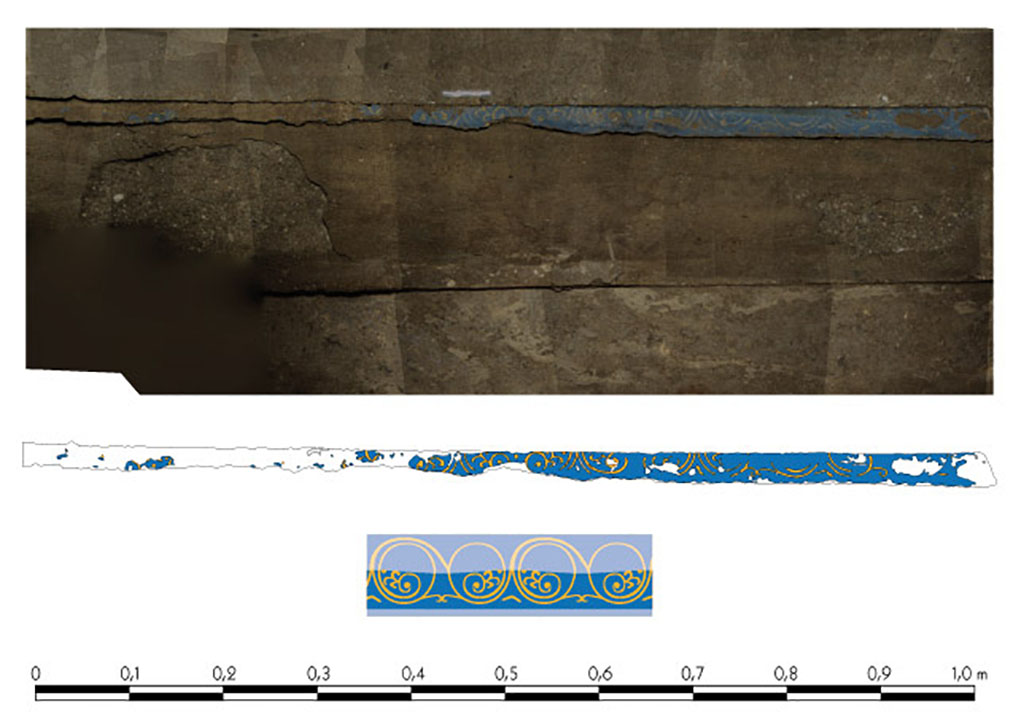 Fig. 7 - Pomp�i Pistrina. Empreinte de la d�coration d�un probable encadrement de porte, d�couvert dans la cave sous-jacente au four de la boulangerie VI 3, 3.27-28. 
De haut en bas : photogramm�trie tridimensionnelle ; interpr�tation de la photogramm�trie ; hypoth�se de restitution du rinceau d�acanthe. Les zones plus claires sont int�gralement restitu�es, le dessin des autres est fond� sur les vestiges de d�coration observ�s.
N. Dell�Unto / Lund University ; DAO N. Monteix.
