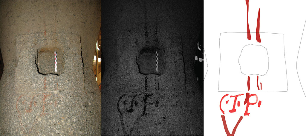 Fig. 20 - Pomp�i Pistrina. Catillus dans la boulangerie des Chastes amants. 
De gauche � droite : clich� initial ; clich� dont la balance des couleurs a �t� num�riquement modifi�e pour faire ressortir les rouges, pass� en noir et blanc ; sch�ma d�interpr�tation du second clich�.
Clich� / DAO : N. Monteix / �fR.

