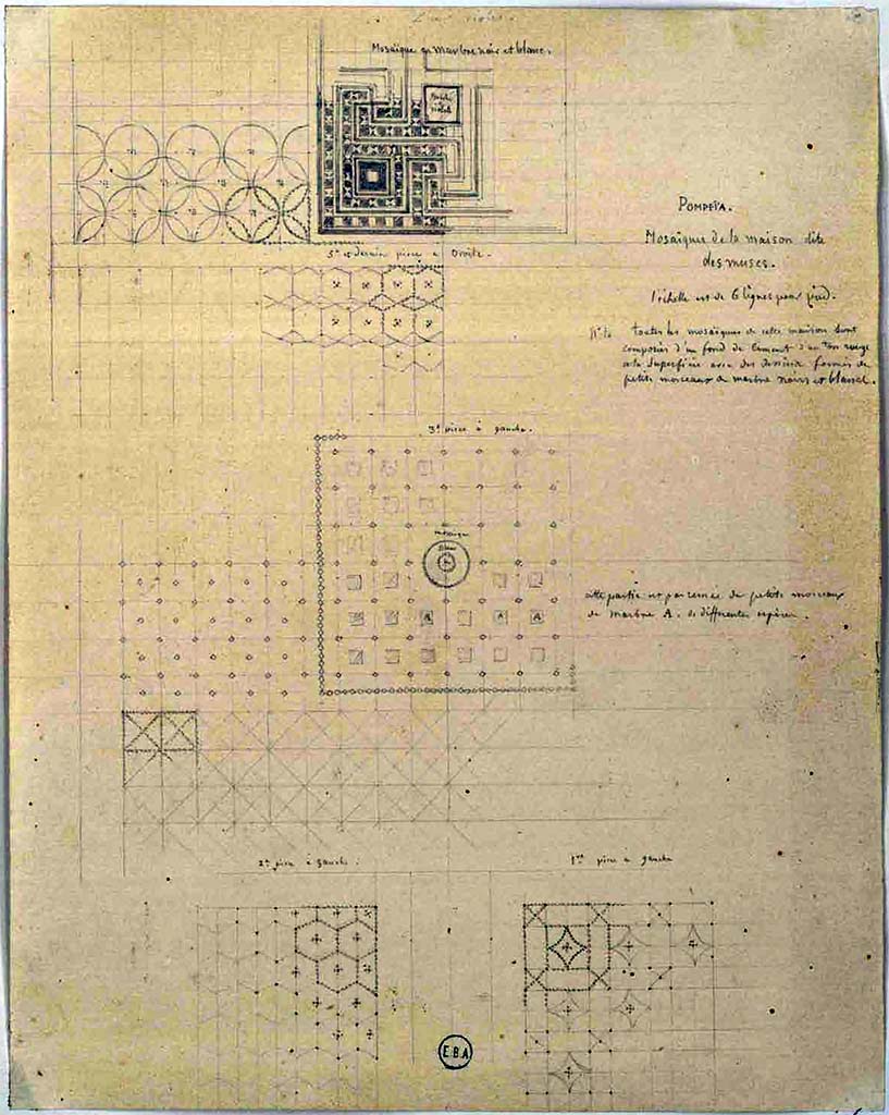 VI.3.7 Pompeii. Plan of flooring -
Upper – Cinquième (et dernier?) pièce à gauche, mosaïque in Marbre noir et blanc.
Middle – Troisième pièce à gauche. Middle right is unclear - ?????? partie ?????? ?????? morceaux de Marbre A, de différents ???????
Lower left, Deuxième pièce à gauche.  Lower right, Premiere pièce à gauche.  
See Lesueur, Jean-Baptiste Ciceron. Voyage en Italie de Jean-Baptiste Ciceron Lesueur (1794-1883), pl. 8.
See Book on INHA reference INHA NUM PC 15469 (04)  « Licence Ouverte / Open Licence » Etalab
