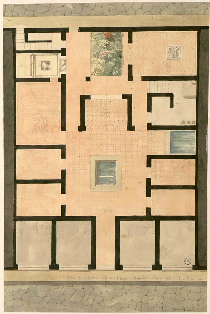 VI.3.25 Pompeii. Plan of House, with rear entrance doorway, left of centre, at the top.
The main entrance doorway at VI.3.7 is in the lower centre.
See Lesueur, Jean-Baptiste Ciceron. Voyage en Italie de Jean-Baptiste Ciceron Lesueur (1794-1883), pl. 4.
See Book on INHA reference INHA NUM PC 15469 (04)  � Licence Ouverte / Open Licence � Etalab
