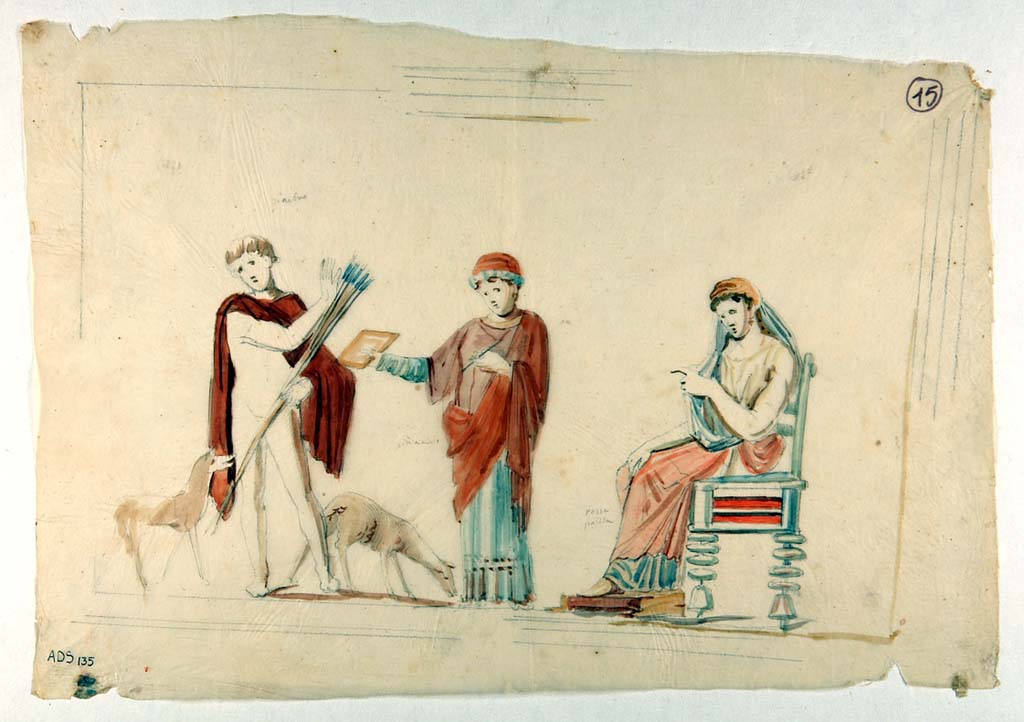 VI.5.1 and VI.5.2 Pompeii. Painting made by Giuseppe Marsigli, in pencil/crayon/chalk with watercolours, showing Phaedra, Hippolytus and the nurse. 
Now in Naples Archaeological Museum. Inventory number ADS 135.
Photo � ICCD. http://www.catalogo.beniculturali.it
Utilizzabili alle condizioni della licenza Attribuzione - Non commerciale - Condividi allo stesso modo 2.5 Italia (CC BY-NC-SA 2.5 IT)
This painting was also listed as destroyed by Helbig, See Helbig 1246, but is now in the British Museum.
See Carratelli, G. P., 2003. Pompei: La documentazione nell'Opera di disegnatori e pittori dei secoli XVIII e XIX. Roma: Istituto della enciclopedia italiana, p. 227-8 no. 124.
The British Museum web site describes a painting which corresponds in its description but is without a photo as yet. BM Registration number 1857,0415.4.
Sir William Temple, British minister in Naples, bequeathed a major collection to the Museum in 1856 of which it was a part.
