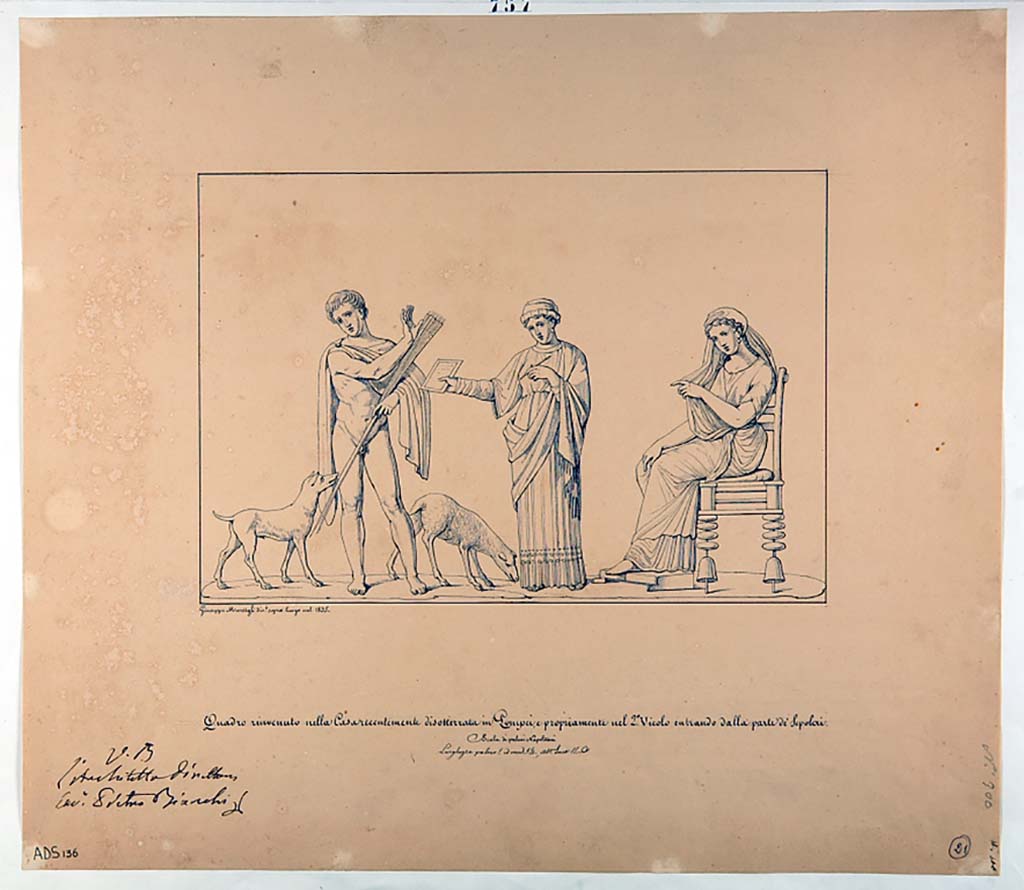 VI.5.1 and VI.5.2 Pompeii. Pen and ink drawing by Giuseppe Marsigli, 1835, of the above painting showing Phaedra, Hippolytus and the nurse. 
Now in Naples Archaeological Museum. Inventory number ADS 136.
Photo � ICCD. http://www.catalogo.beniculturali.it
Utilizzabili alle condizioni della licenza Attribuzione - Non commerciale - Condividi allo stesso modo 2.5 Italia (CC BY-NC-SA 2.5 IT)
