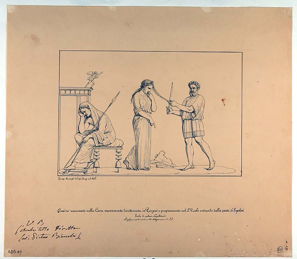 VI.5.1 and VI.5.2 Pompeii. Pen and ink drawing by Giuseppe Marsigli, 1835, of the painting showing sacrifice of Iphigenia. 
Now in Naples Archaeological Museum. Inventory number ADS 137.
Photo � ICCD. http://www.catalogo.beniculturali.it
Utilizzabili alle condizioni della licenza Attribuzione - Non commerciale - Condividi allo stesso modo 2.5 Italia (CC BY-NC-SA 2.5 IT)
Helbig describes the painting as:
�In the middle stands Iphigenia, laurel-wreathed, in green chiton with a purple margin, with her left hand raised to the mouth, it seems resigned in her fate, in front of her the bearded, laurel wreathed Calchas in red chiton with blue lining, in act of starting the sacrifice, cutting off a lock of the maiden�s hair with the sword.
Behind Iphigenia sits Agamemnon on a chair, bent forward, sunk in deep sorrow, beardless, wrapped in a cloak drawn over the back of the head, in the left hand a spear, supporting the head with the right hand. Next to him is a temple-like building, on which stands a winged statue with flying chlamys.�
See Helbig, W., 1868. Wandgem�lde der vom Vesuv versch�tteten St�dte Campaniens. Leipzig: Breitkopf und H�rtel, 1305.
