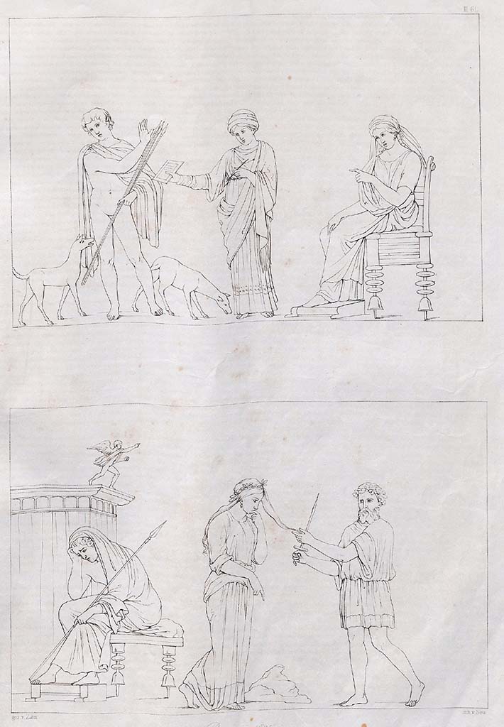VI.5.1 and VI.5.2 Pompeii. 
Two drawings by Zahn, July 1835, of the paintings showing Phaedra, Hippolytus and the nurse and the sacrifice of Iphigenia. 
Three paintings (two above and one below) were discovered in a room of a small house very close to the city wall, in the vicolo which was to the left of the House of Pansa, between the House of Sallust and the House of Modesto which leads to this city wall. According to Zahn they were in the Royal Museum at Naples.
See Zahn, W., 1842. Die sch�nsten Ornamente und merkw�rdigsten Gem�lde aus Pompeji, Herkulanum und Stabiae: II. Berlin: Reimer, Taf. 61.
Helbig refers to Zahn�s drawing in his description of the Iphigenia painting (Helbig 1305).
Now in Naples Archaeological Museum.
