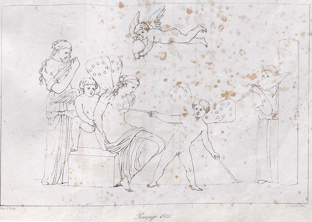 VI.5.1 and VI.5.2 Pompeii. July 1835. Drawing by Zahn of the torment of Psyche.
According to Zahn, all three of these paintings were found on the walls of the same room, with a black background.
See Zahn, W., 1842-44. Die sch�nsten Ornamente und merkw�rdigsten Gem�lde aus Pompeji, Herkulanum und Stabiae: II. Berlin: Reimer, taf. 62.

