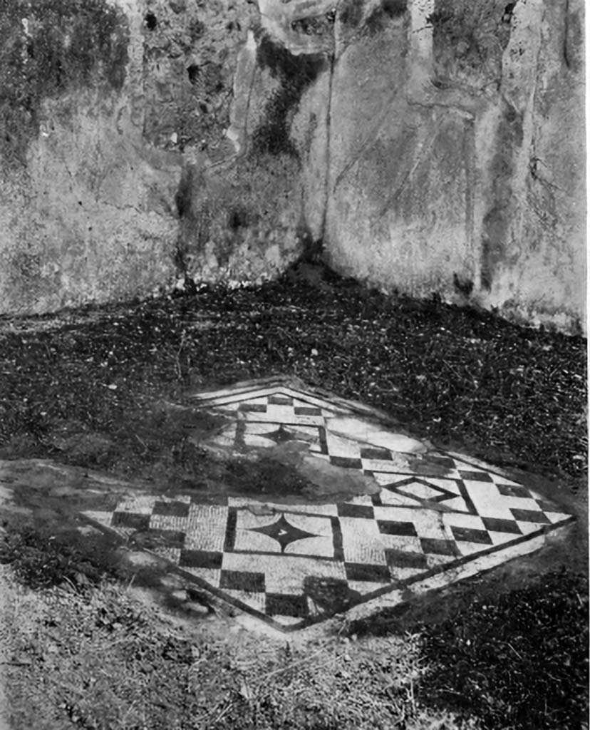 VI.5.3 Pompeii. c.1930. Room 5, looking across central emblema of flooring in triclinium, towards south-east corner.
See Blake, M., (1930). The pavements of the Roman Buildings of the Republic and Early Empire. Rome, MAAR, 8, (p.102,110,114, & Pl. 30, tav.3).