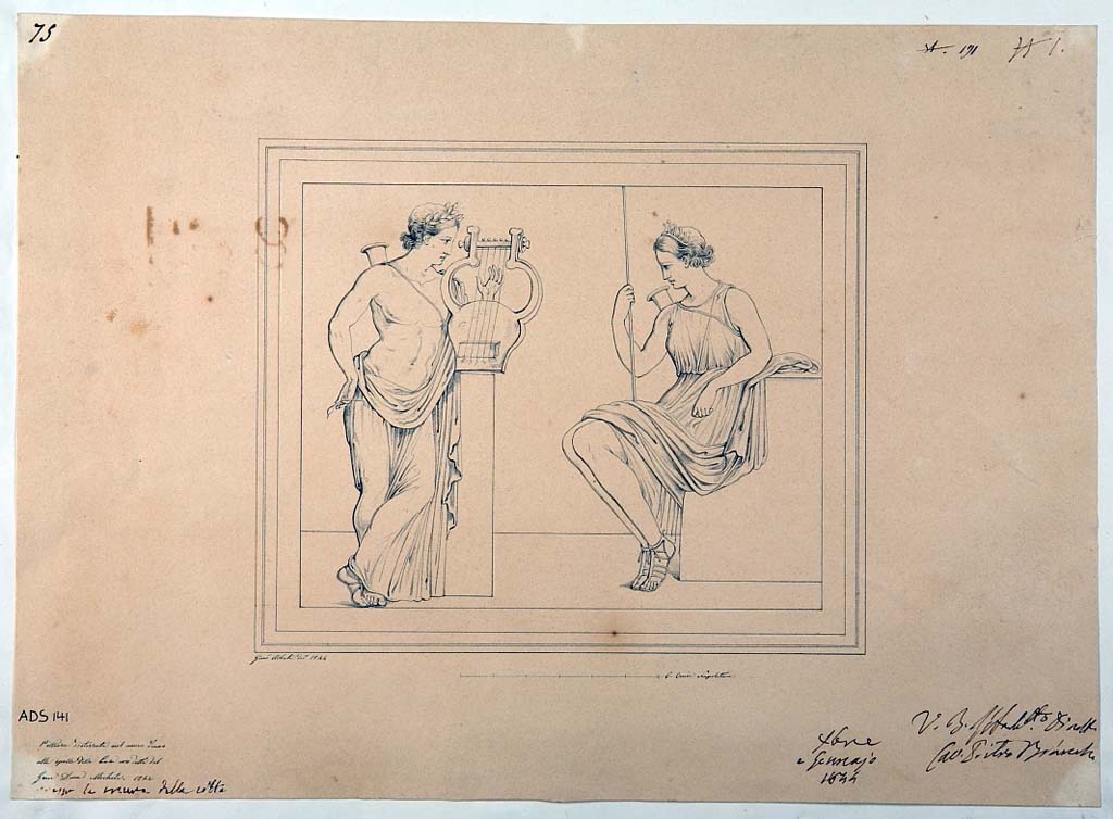 VI.5.3 Pompeii. 1844. Room 20, copy by G. Abbate of painting from west wall showing Apollo & Artemis.
Now in Naples Archaeological Museum. Inventory number ADS 141.
Photo � ICCD. https://www.catalogo.beniculturali.it
Utilizzabili alle condizioni della licenza Attribuzione - Non commerciale - Condividi allo stesso modo 2.5 Italia (CC BY-NC-SA 2.5 IT)
